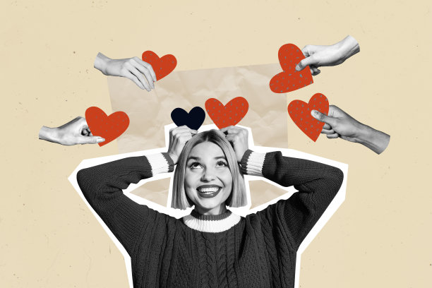 趋势艺术横幅草图图像 3D 照片拼贴，年轻女士微笑，可爱的剪影，手握心形纸张，愚蠢的问候礼品卡图片下载