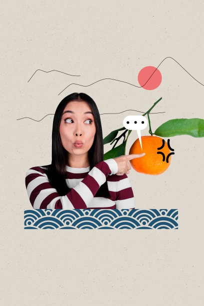 趋势艺术作品复合横幅 3D 照片拼贴，年轻女性肖像，手指指向橙色柑橘，语音气泡，日本东部传统图片下载