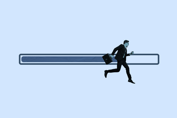 模板草图趋势艺术作品 3D 照片拼贴 加载条 年轻商人奔跑 手持杯子 空缺工人 商业人力资源招聘图片下载