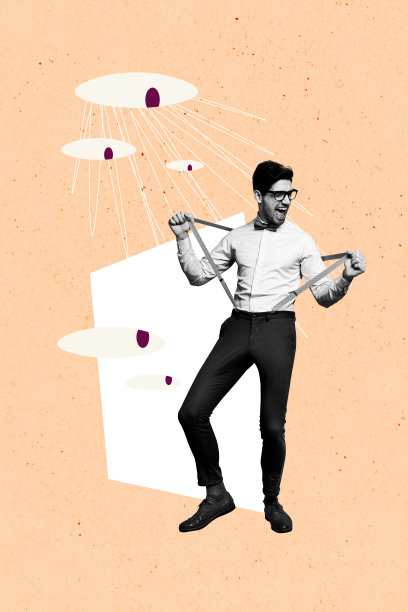 独特的垂直照片拼贴，展示快乐的花花公子跳舞，卡通眼球盯着模仿迪斯科球的派对监督。图片下载