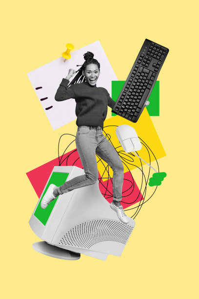 兴奋的非洲女孩在涂鸦背景前跳跃，周围是办公设备、键盘、电脑显示器、鼠标和自由职业备忘录的竖版照片拼贴。图片下载