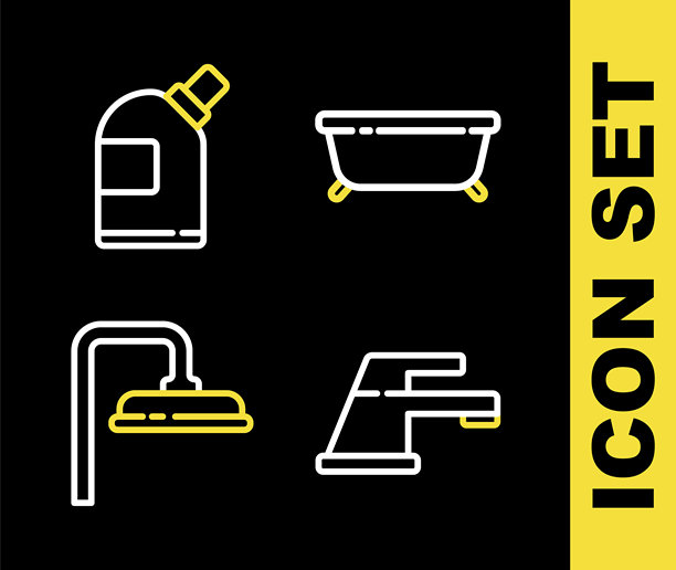 浴缸、龙头、淋浴头和清洁剂瓶图标。矢量图。图片下载