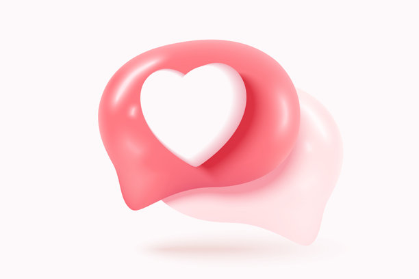 3D社交媒体在线平台概念，应用程序上的在线社交沟通，带有心形和爱心表情符号的照片框，红色气泡图标中的点赞和播放。3D心形矢量渲染概念。图片下载