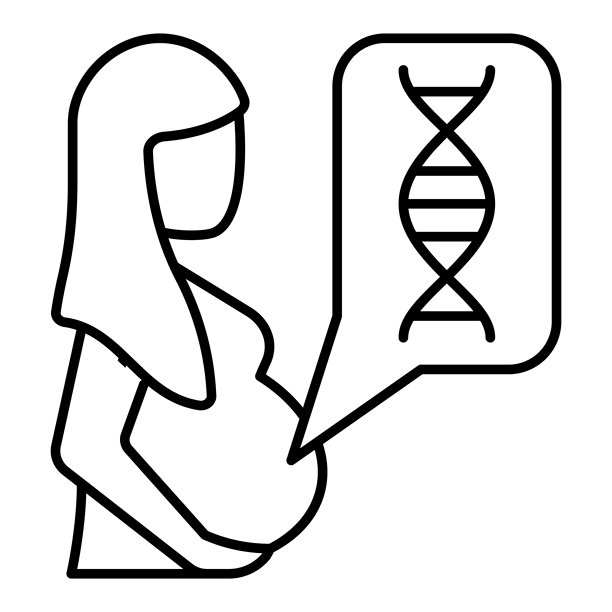 孕妇与DNA气泡的细线图标，遗传研究概念。矢量图形。白色背景上的DNA女性检测标志，适用于移动或设计风格。图片下载