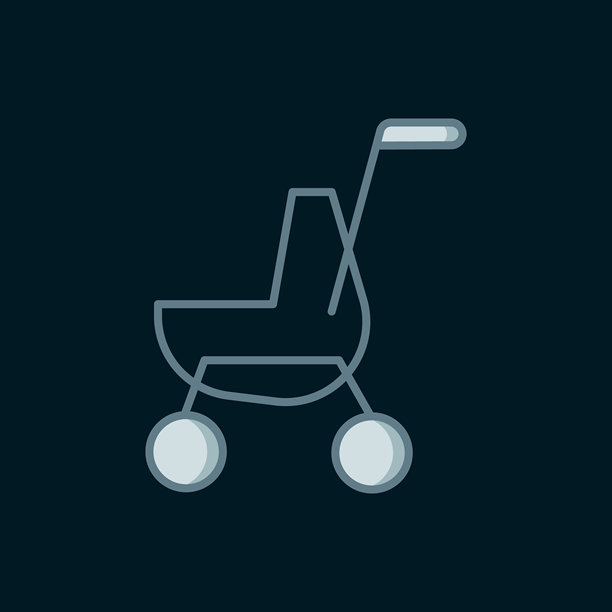 婴儿推车图标，背景为黑色。婴儿车、手推车、婴儿车、推车、轮子。扁平填充轮廓风格，带阴影。矢量图。图片下载