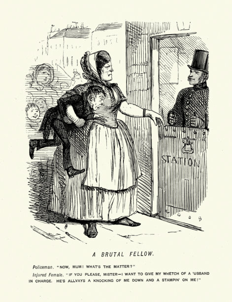 残忍的家伙，妻子带着丈夫去警察局，约翰·利奇，Punch漫画，生活与性格的图片，19世纪幽默，讽刺画图片下载