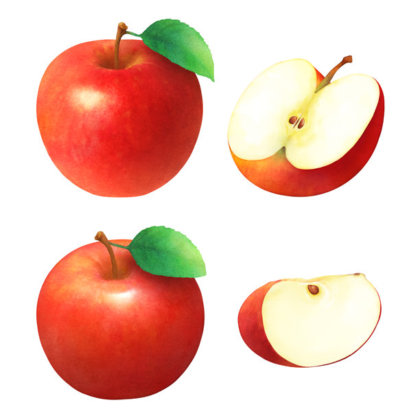 水彩插图集：苹果。红苹果带叶子。半个切开的苹果。新鲜水果。图片下载
