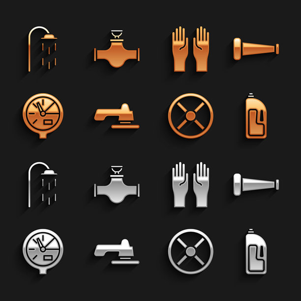 水龙头，工业金属管，含排水清洁剂的容器，阀门，表计，橡胶手套，淋浴和图标。矢量图。图片下载