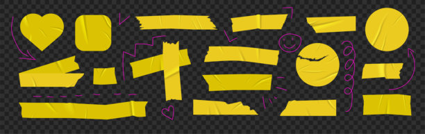 黄色胶带元素用于照片拼贴。各种形状的明亮纹理胶带片，带有皱褶。撕裂的胶带条可用于相框、剪贴簿和创意设计。图片下载