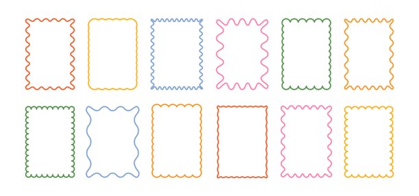 波浪形框架。抽象波浪形状的板材。复古彩色矩形带有轮廓的卷曲、曲线照片框。用于文本海报、卡片、贴纸的线条装饰盒。矢量集合图片下载