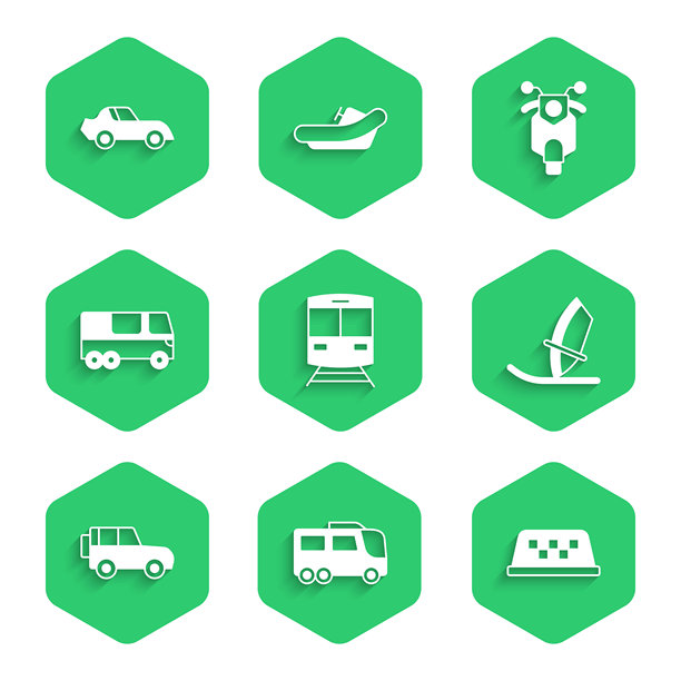 火车和铁路、公交车、出租车车顶、风帆冲浪、越野、滑板车和汽车图标。矢量图。图片下载