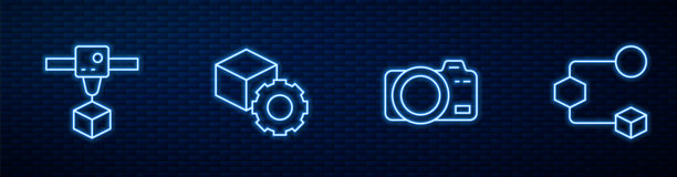 设置线条照片相机、3D打印机立方体、等距和发光霓虹图标在砖墙上。矢量图。图片下载