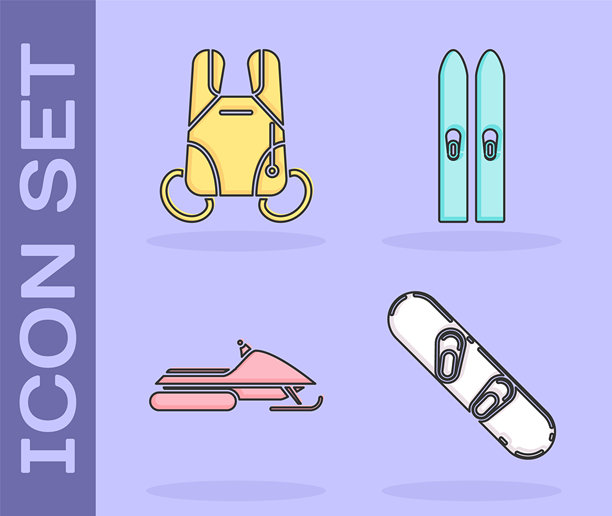 滑雪板、降落伞、雪地摩托和滑雪杖图标。矢量图。图片下载