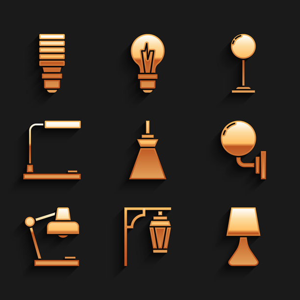 吊灯、复古街灯、台灯、壁灯或壁挂灯、落地灯和LED灯泡图标。矢量图。图片下载