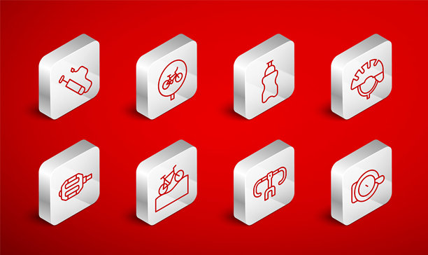 自行车铃、运动水瓶、头盔、车把、气泵、山地自行车和踏板图标。矢量图。图片下载