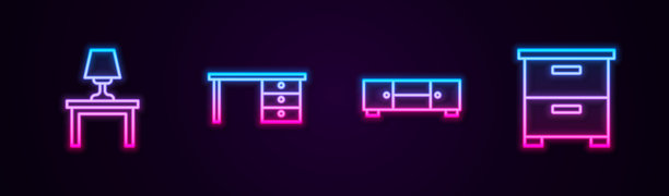 桌面上的台灯，办公桌，抽屉柜和家具床头柜。发光的霓虹图标。矢量图。图片下载