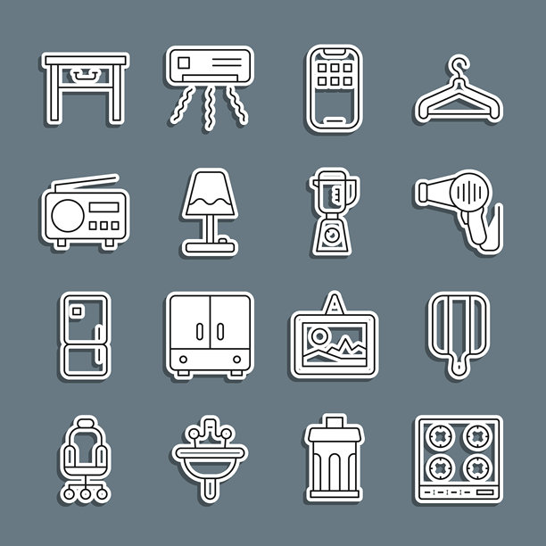 气体灶具、切菜板、吹风机、移动应用、台灯、收音机、家具床头柜和搅拌机图标。矢量图。图片下载