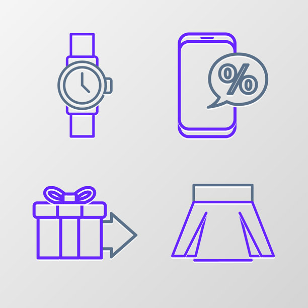 裙子图标、礼品盒、百分比折扣、手机和手表图标。矢量图。图片下载