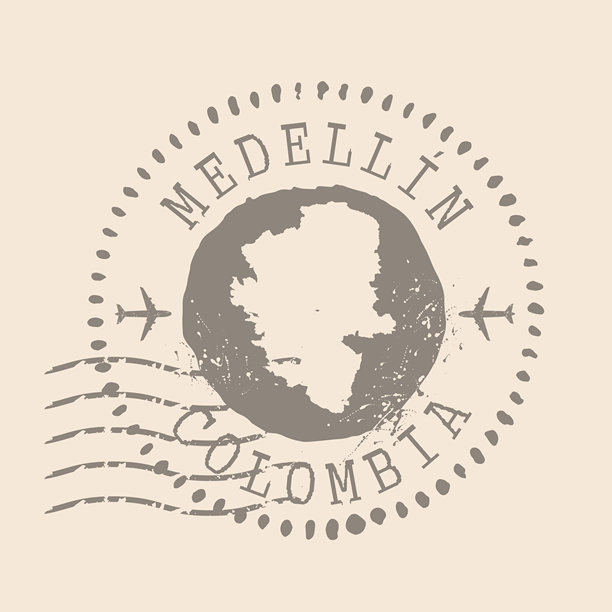 梅德林邮政印章，哥伦比亚城市。地图轮廓橡胶印章。复古旅行设计。梅德林地图的磨损印章，适用于您的网站设计、标志、应用程序和用户界面。EPS10图片下载