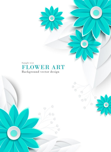 纸艺风格插图，展示抽象的蓝色和浅绿色花朵（雏菊、非洲菊等）| 背景素材图片下载