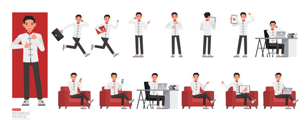 一套大型的中国商人角色矢量设计，穿着白衬衫。中国人在办公室进行规划、思考和经济分析。以各种动作进行展示。图片下载
