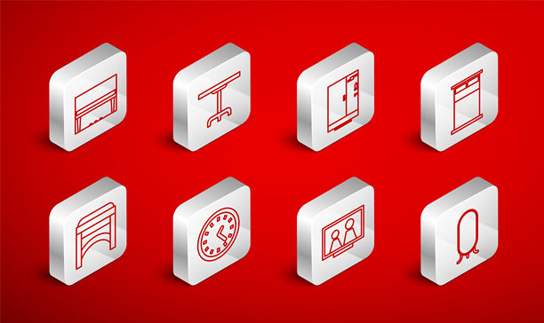 大全身镜、圆桌、淋浴间、床、相框、钢琴、时钟和椅子图标。矢量图。图片下载