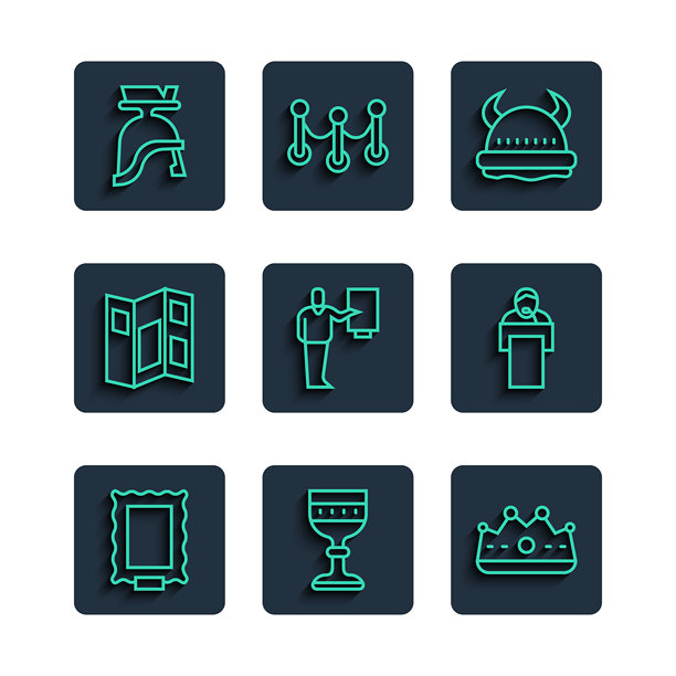 设置线条图片，中世纪酒杯，国王皇冠，维京角盔，博物馆导览，宣传册，罗马军队和讲座图标。矢量图。图片下载