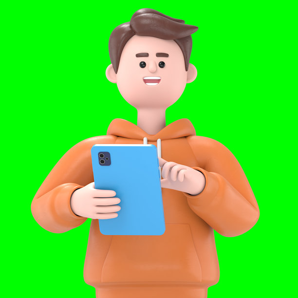 微笑的商人卡迪尔手持平板电脑的3D插图。绿色屏幕模型。3D渲染在绿色屏幕上，用于视频素材和抠图。图片下载