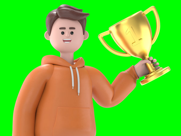 成功的商人手持奖杯和公文包，绿幕模拟。3D渲染在绿幕上用于视频素材和抠图。图片下载