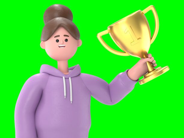 成功的商人手持奖杯和公文包，绿幕模拟。3D渲染在绿幕上用于视频素材和抠图。图片下载