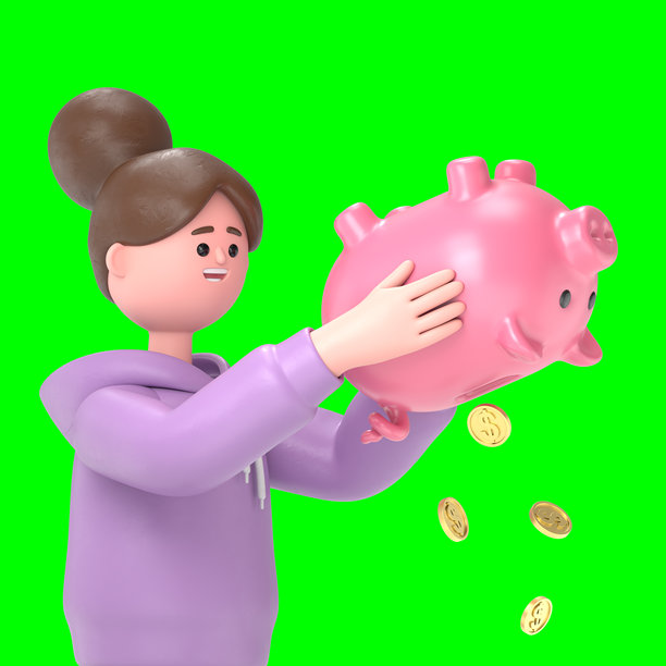 3D插图：亚洲女孩Renae与储蓄罐。金融危机概念，绿幕模型。3D渲染在绿幕上，用于视频素材和抠图。图片下载