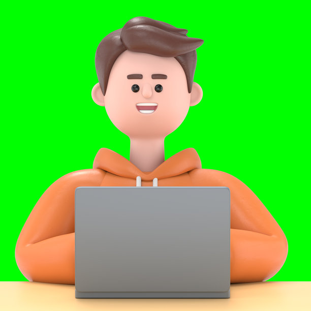 微笑的商人卡迪尔在现代办公室的桌子上工作，3D插图。绿色屏幕模型。3D渲染在绿色屏幕上，用于视频素材和剪辑路径。图片下载