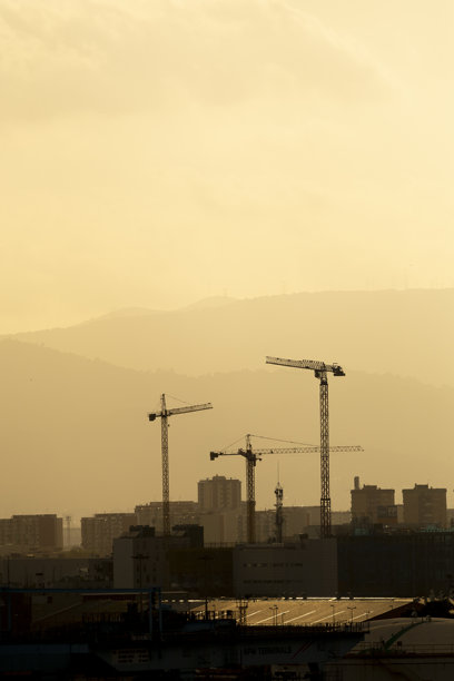 日出时分的起重机和建筑轮廓的垂直照片图片下载