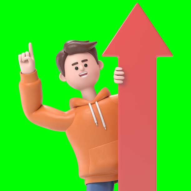 微笑的商人卡迪尔手持向上箭头的3D插图，象征增长，绿色背景模型。3D渲染在绿色背景上，适用于视频素材和抠图。图片下载