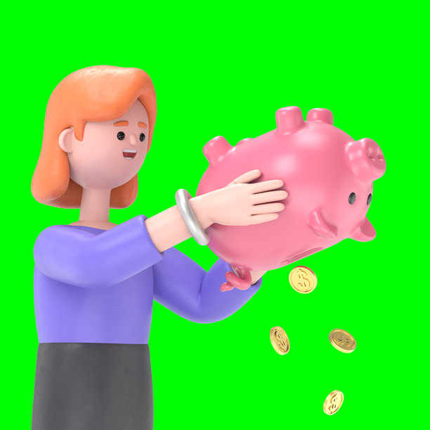 3D插图：欧洲女商人艾伦与储蓄罐。金融危机概念，绿幕模型。3D渲染，适用于绿幕素材和抠图。图片下载