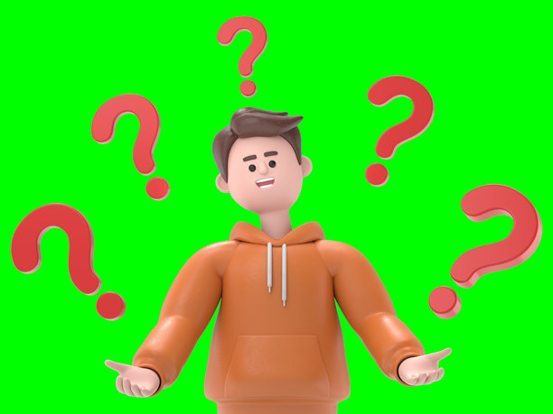 思考中的男性卡迪尔3D插图，周围环绕着问号。绿色屏幕模型。3D渲染在绿色屏幕上，用于视频素材和剪辑路径。图片下载