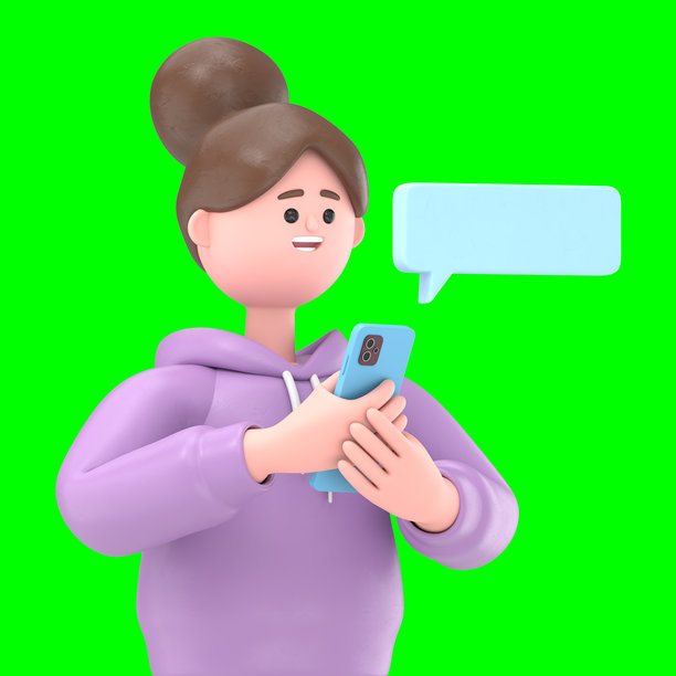 3D插图：亚洲女孩Renae拿着手机。绿色屏幕模型。3D渲染在绿色屏幕上，用于视频素材和抠图。图片下载