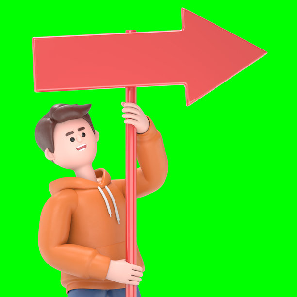 3D插图，思考中的男性卡迪尔倾身靠近空白的方向箭头标志或指示牌。3D渲染，适用于绿幕素材和剪辑路径。图片下载