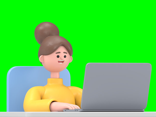 亚洲女性安吉拉的3D插图。云计算概念集。绿色屏幕模型。3D渲染在绿色屏幕上，用于视频素材和抠图。图片下载