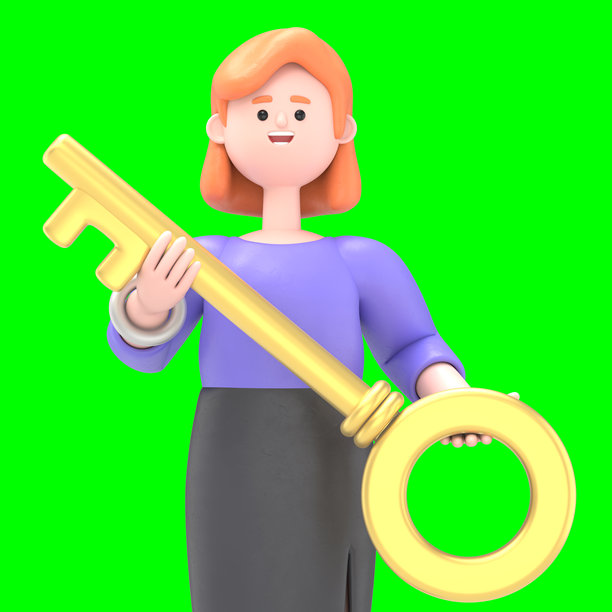 3D插图：欧洲女商人Ellenn与美元钥匙 - 绿屏模型。3D渲染在绿屏上用于视频素材和抠图。图片下载