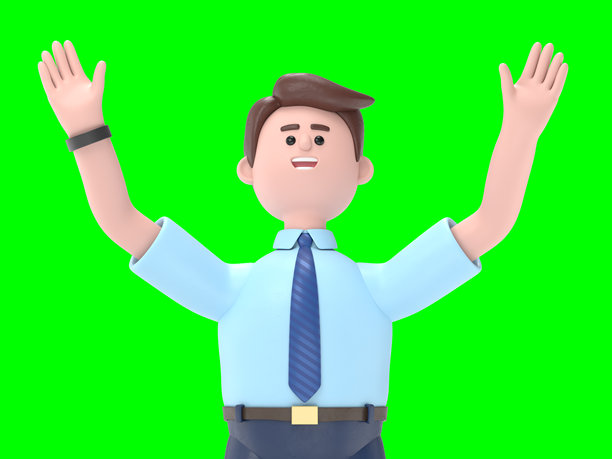 亚洲男子费利克斯庆祝成功的3D插图。绿色屏幕模型。3D渲染在绿色屏幕上，用于视频素材和抠图。图片下载
