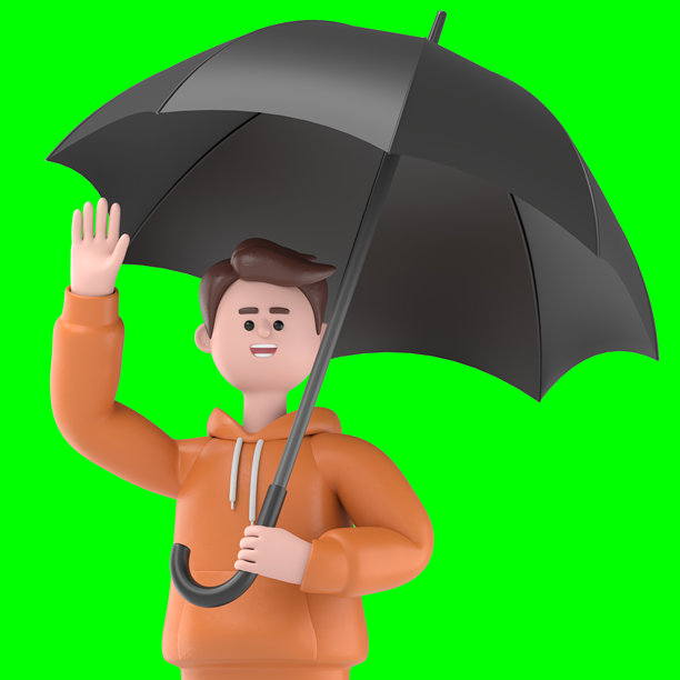 男性Qadir的3D插图，手持雨伞。绿色屏幕模型。3D渲染在绿色屏幕上，用于视频素材和剪辑路径。图片下载