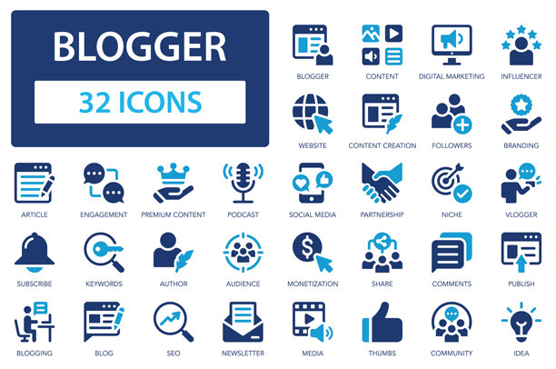 博主扁平图标集合。内容、社区、创意、影响者、媒体、内容创作、粉丝、品牌、播客、合作、优质内容、博客、货币化、受众、搜索引擎优化、营销标志集。图片下载