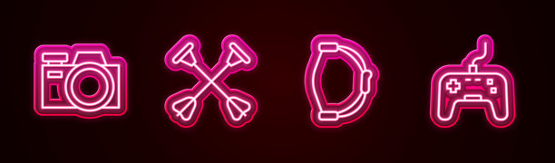设置线条照片相机、带吸盘尖的箭、玩具弓和游戏手柄。发光霓虹图标。矢量图。图片下载