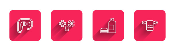 淋浴喷头、水龙头、洗发水瓶和挂着的毛巾，带有长长的阴影。红色方形按钮。矢量图。图片下载