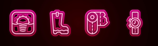 设定线条日出，防水橡胶靴，纸巾卷和手表。发光霓虹图标。矢量图。图片下载
