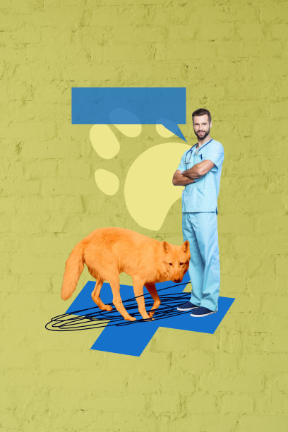 年轻兽医工作者的合成素描设计艺术作品，3D照片拼贴，隔离野生动物、狗、狂犬病、言语气泡和疫情。图片下载