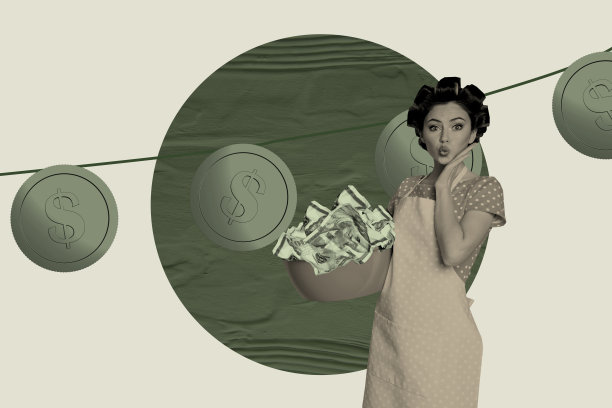 年轻女士复古插画风格的3D照片拼贴模板，手持钞票和硬币，悬挂在绳子上，象征财富、金融和贸易。图片下载