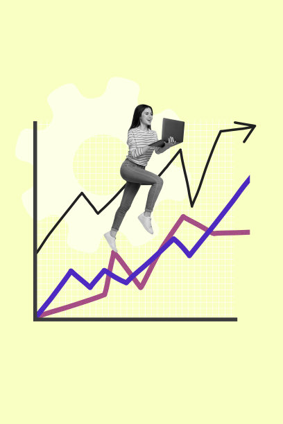 创意3D照片拼贴趋势艺术模板，目标交易者图形统计图表，年轻女性手持笔记本电脑走向成功与成长的箭头图片下载