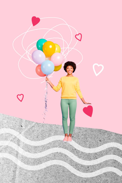 节日气氛的模板海报趋势艺术作品，3D照片拼贴，年轻女士手持气球，表达爱意，庆祝国际母亲节。图片下载